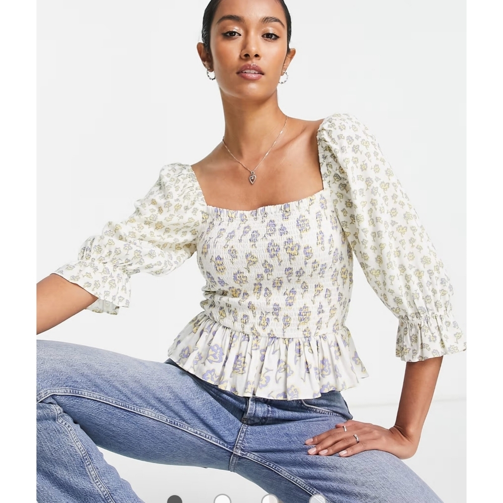 French Connection Doria Smocked Top In Tonal Floral Size L